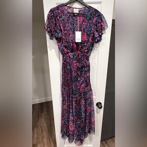 NWT MISA Los Angeles maxi wrap flutter sleeve black purple Colette Dress XS
